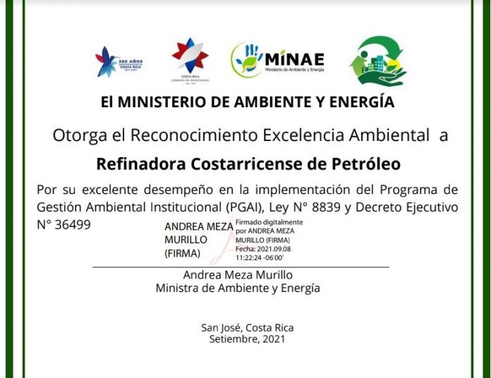 Imagen que muestra certificado de excelencia ambiental