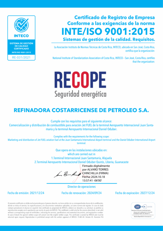 Certificado Sistema de Gestión de Calidad hasta el 2027